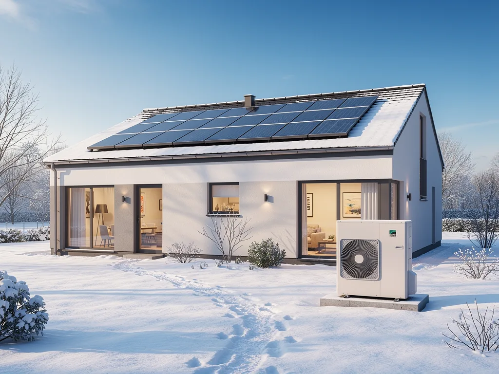 Wie Photovoltaik und Speicher die Wärmepumpe im Winter stärken Wärmepumpe mit Photovoltaik und Speicher bei winterlicher Stromerzeugung auf Hausdach