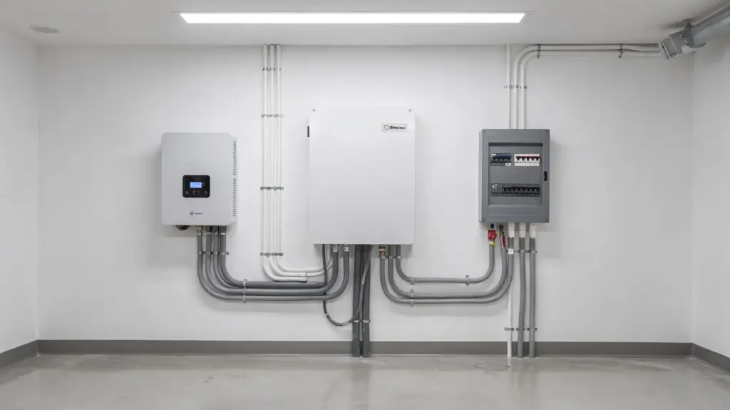 Batteriespeicher für Notstrom in einer PV-Anlage neben Wechselrichter und Solartechnik