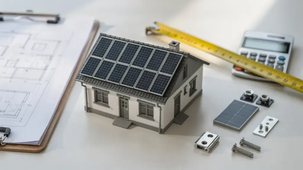 Solaranlage DIY planen: So gelingt die Planung von Anfang an DIY-Planung einer Solaranlage mit Dachmodell, Solarpanels, Zeichnungen und Messwerkzeug
