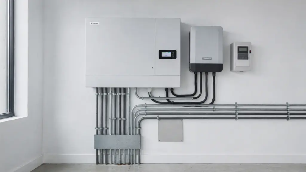 Notstromlösung im Haus mit Batteriespeicher, Wechselrichter und Umschalter im Technikraum