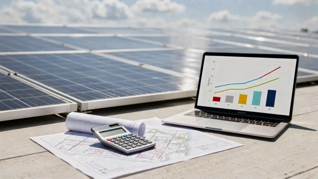 PV-Ertrag am Standort berechnen: So schätzen Sie realistische Erträge Photovoltaikanlage mit Rechner und Planungsunterlagen zur Berechnung des PV-Ertrags am Standort