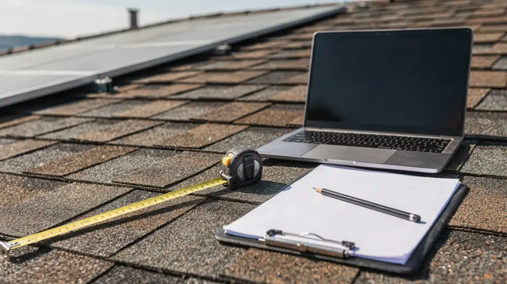 Dachstatik für PV prüfen: So geht die Vorprüfung vor der Installation Vorprüfung der Dachstatik für PV: Fachperson misst auf einem Hausdach vor der Installation.