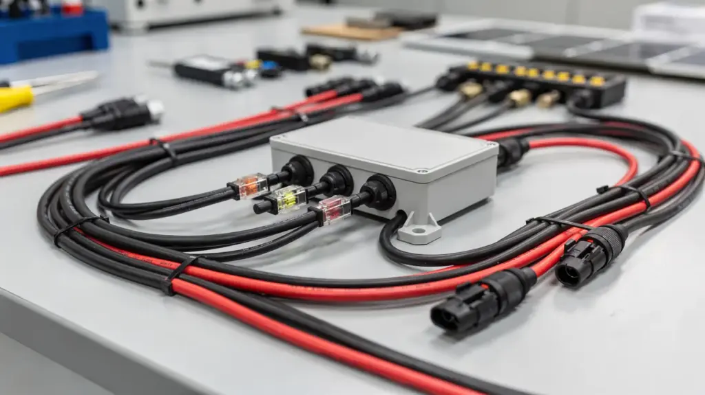 PV-Kabel und Sicherungen in einer geordneten Photovoltaik-Installation mit Kabeln und Sicherungshaltern