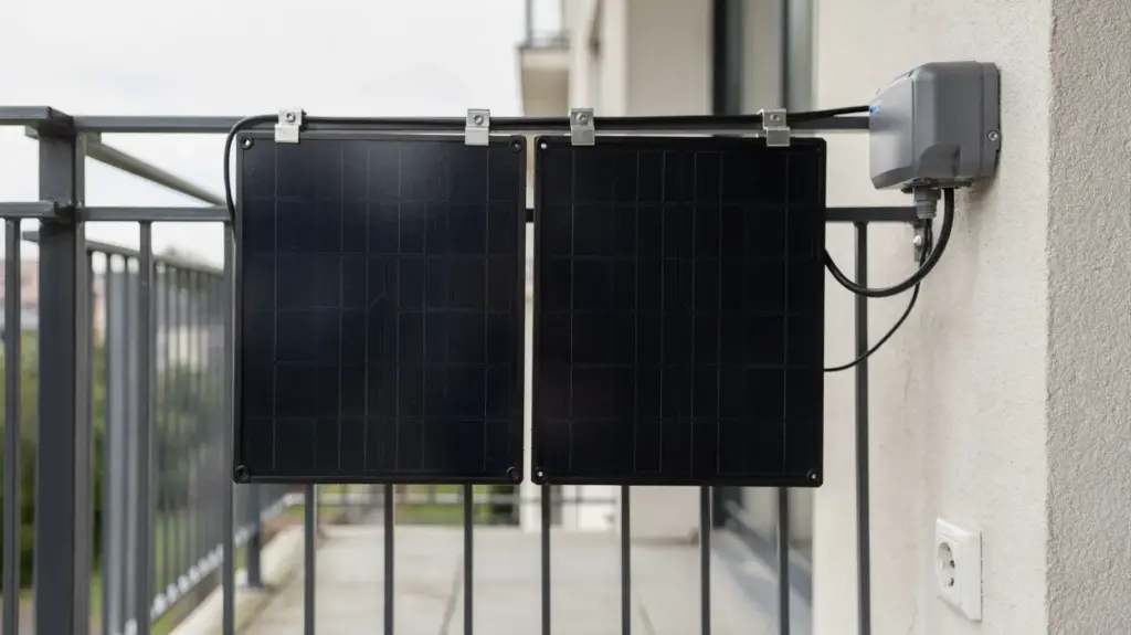 Balkonkraftwerk Norm: Welche Normen und Sicherheitsanforderungen gelten? Balkonkraftwerk auf einem Balkon mit Solarmodulen, Wechselrichter und Steckdose für die Norm und Sicherheitsanforderungen