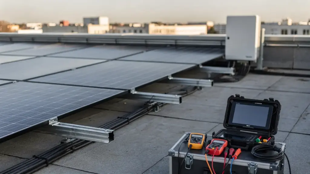 VDE und DIN bei PV: Welche Vorgaben gelten für Photovoltaikanlagen? Photovoltaikanlage auf dem Dach mit Montagesystem und Wechselrichter zum Thema VDE und DIN bei PV