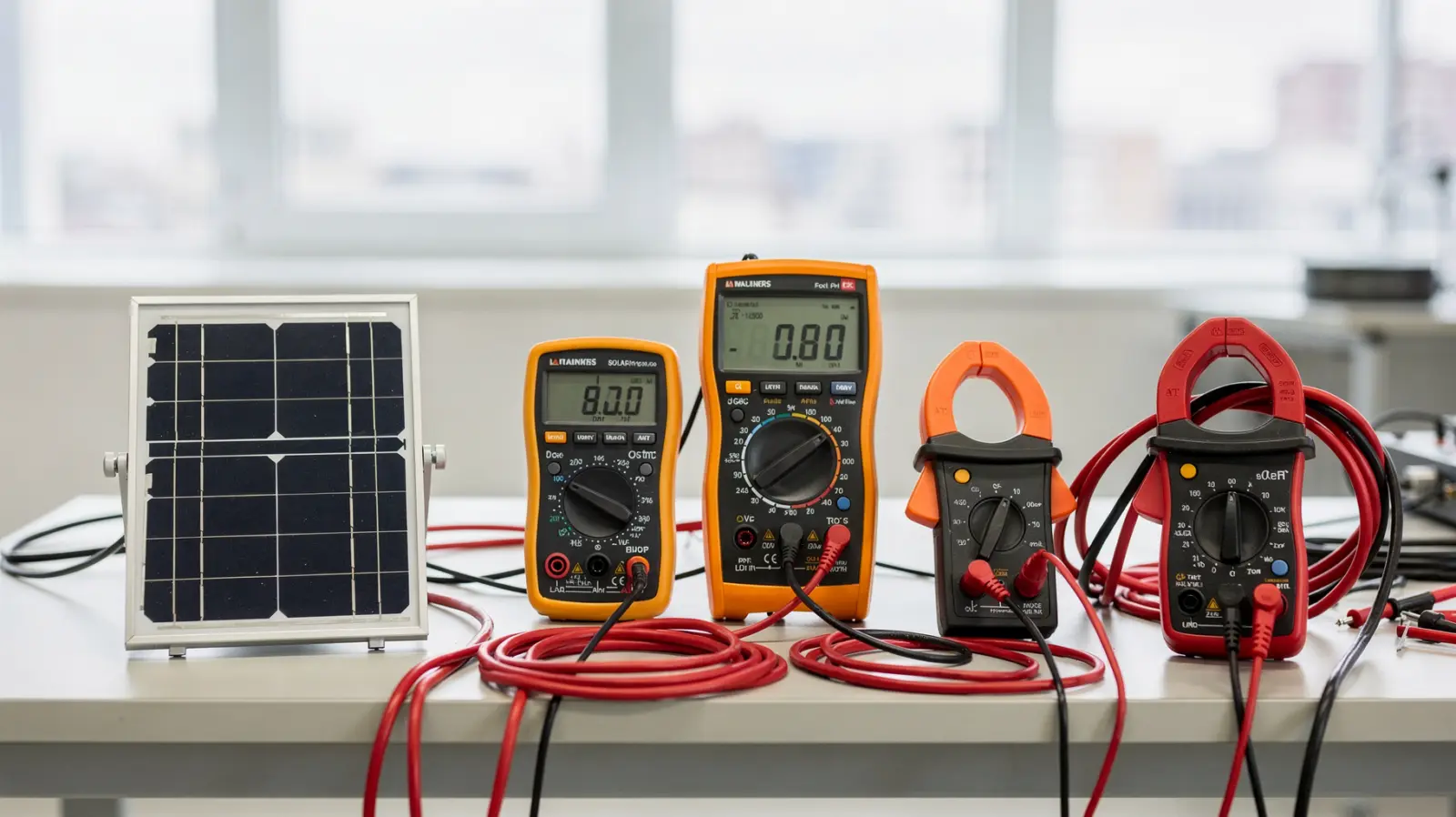 PV-Messgerät und Messwerkzeuge auf einem Arbeitstisch zur Messung von Solaranlagen