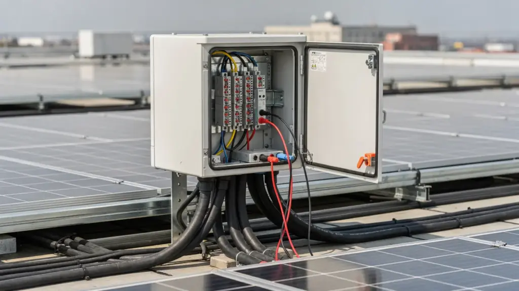 PV-Anlage mit Wechselrichter und Kabeln bei der Prüfung auf Isolationsfehler