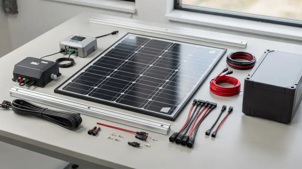 Solaranlage-Komponenten: Welche Teile eine DIY-Solaranlage braucht Solaranlage-Komponenten für eine DIY-Solaranlage auf einem Werkbank-Setup mit Modulen, Kabeln und Wechselrichter