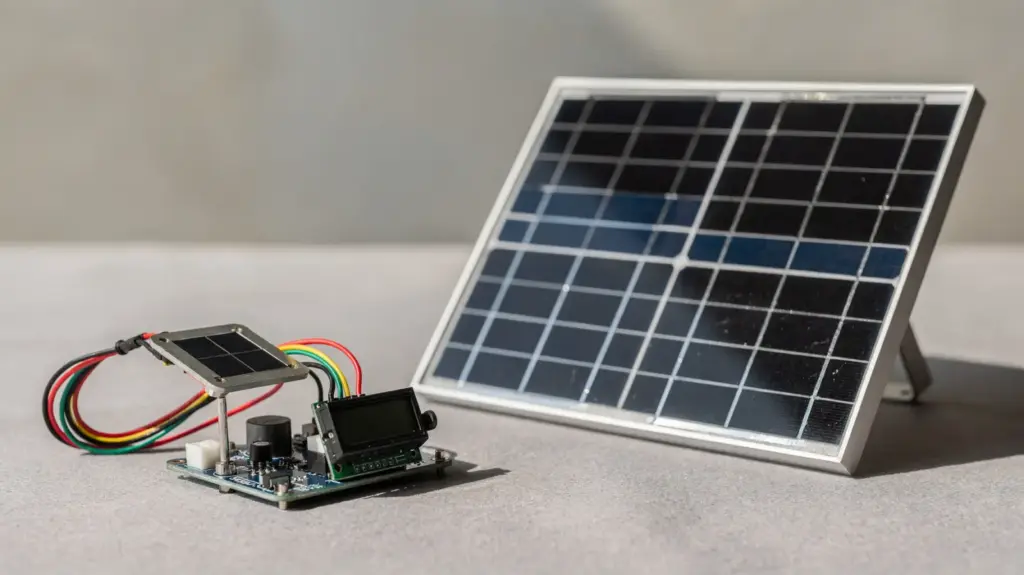 Photovoltaischer Effekt: einfach erklärt Solarpanel und Demonstrationszelle zum photovoltaischen Effekt in einer hellen, sachlichen Aufnahme