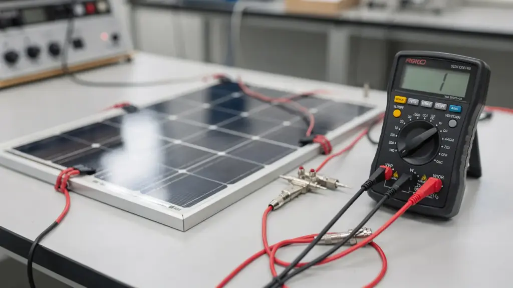 PV-Strom und PV-Spannung: Entstehung, Zusammenhang und Einflussfaktoren Solarmodul mit Messgerät zum Thema PV-Strom und PV-Spannung