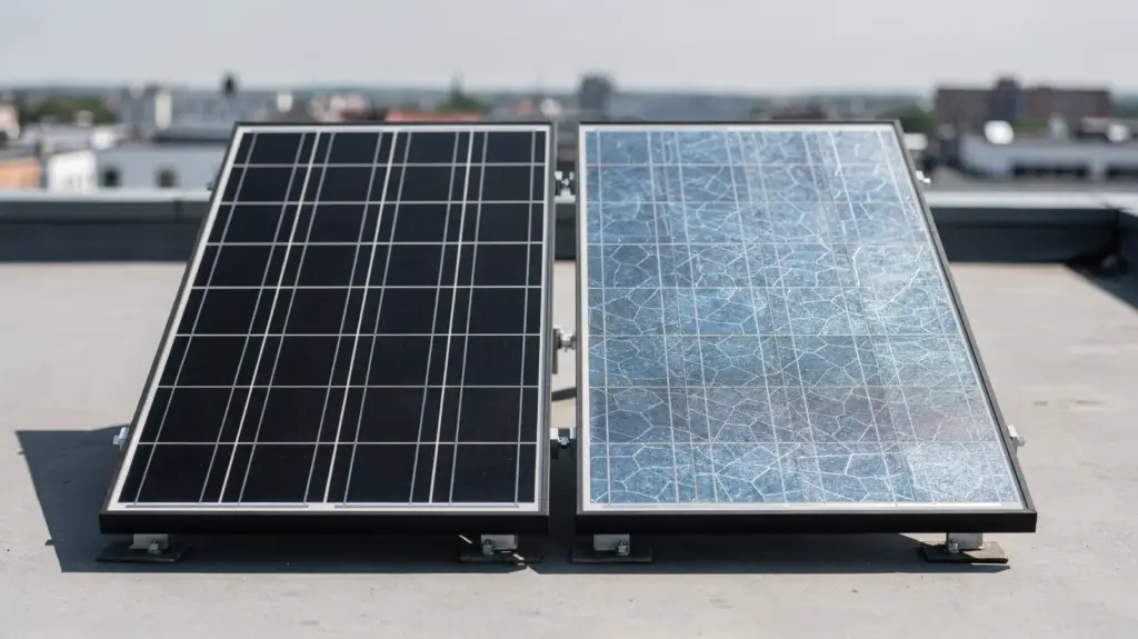 Monokristallin vs polykristallin: Was ist für Solarmodule besser? Vergleich von Monokristallin- und Polykristallin-Solarmodulen auf einem Dach