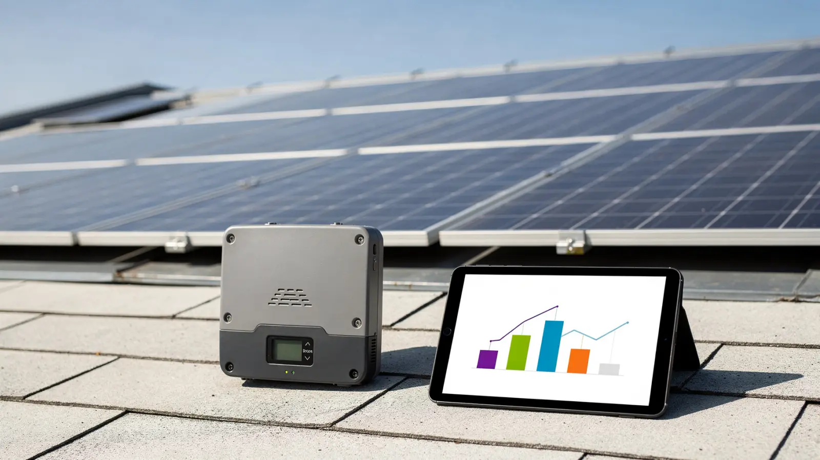 Photovoltaikanlage auf dem Dach und Tablet zur PV-Leistung berechnen und Anlagengröße