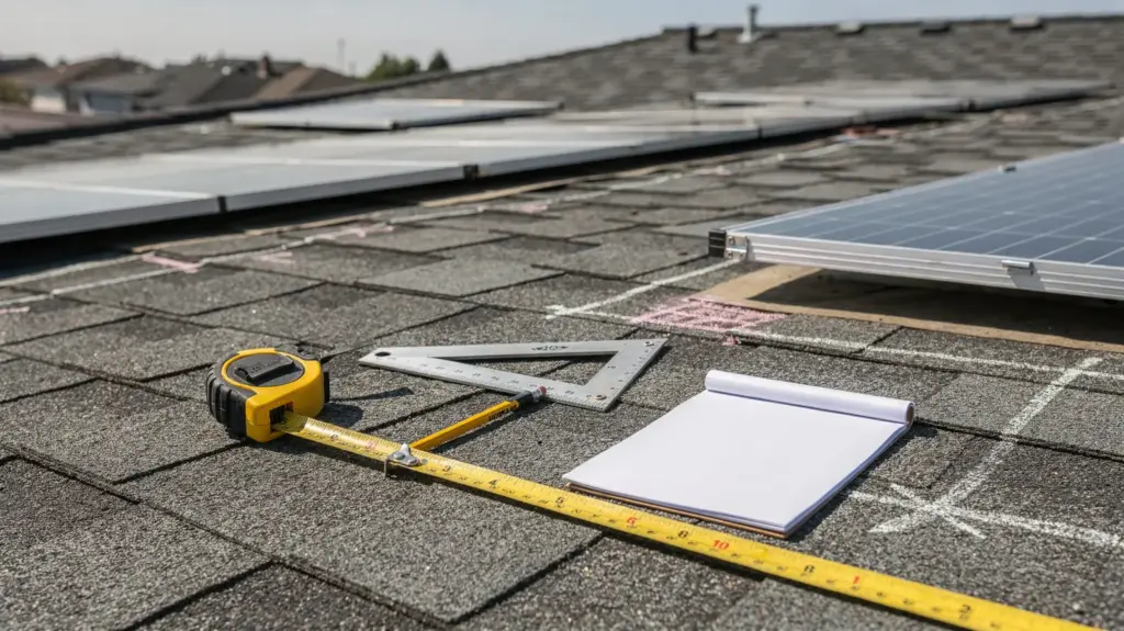 PV-Dachfläche berechnen: So ermitteln Sie die nutzbare Fläche für DIY-PV Person misst die nutzbare PV-Dachfläche auf einem Hausdach mit Maßband und Messwerkzeug.