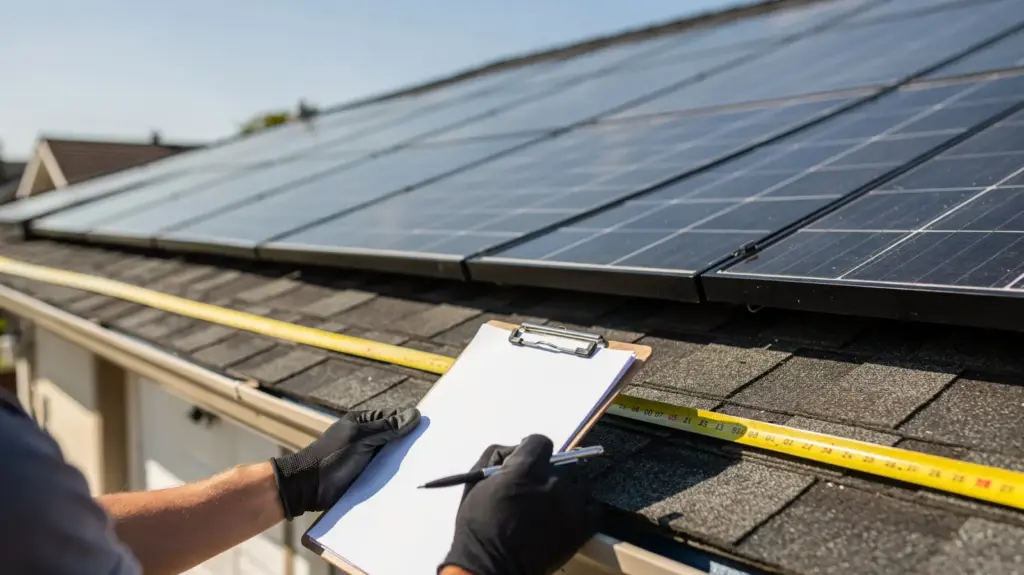 Dachfläche für PV berechnen: Vermessung eines Hausdachs mit Solarmodulen und Messband