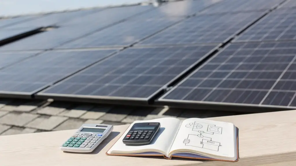 Solarmodule Anzahl berechnen: So viele Module braucht Ihr Jahresverbrauch Solarmodule auf einem Hausdach, daneben Taschenrechner und Notizbuch zur Berechnung des Jahresverbrauchs