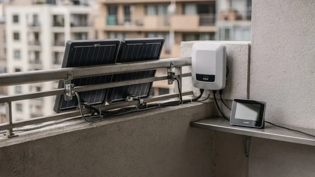 Balkonkraftwerk-Wechselrichter: Auswahl, Leistung und wichtige Merkmale Balkonkraftwerk-Wechselrichter neben Solarmodulen auf einem Balkon