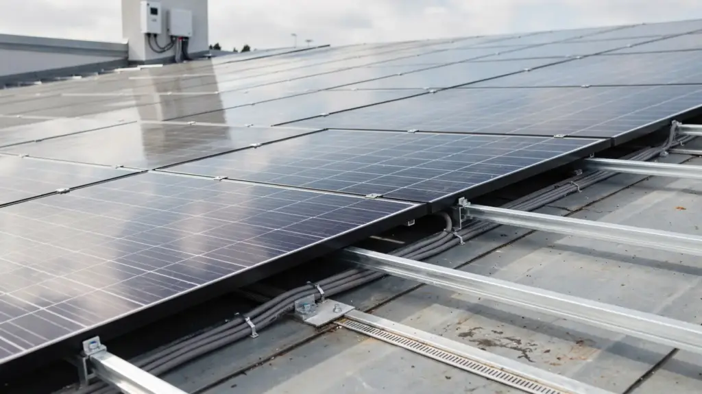 Photovoltaikanlage Aufbau: So ist eine PV-Anlage aufgebaut Aufbau einer Photovoltaikanlage mit Solarmodulen, Montageschienen und Wechselrichter auf einem Hausdach