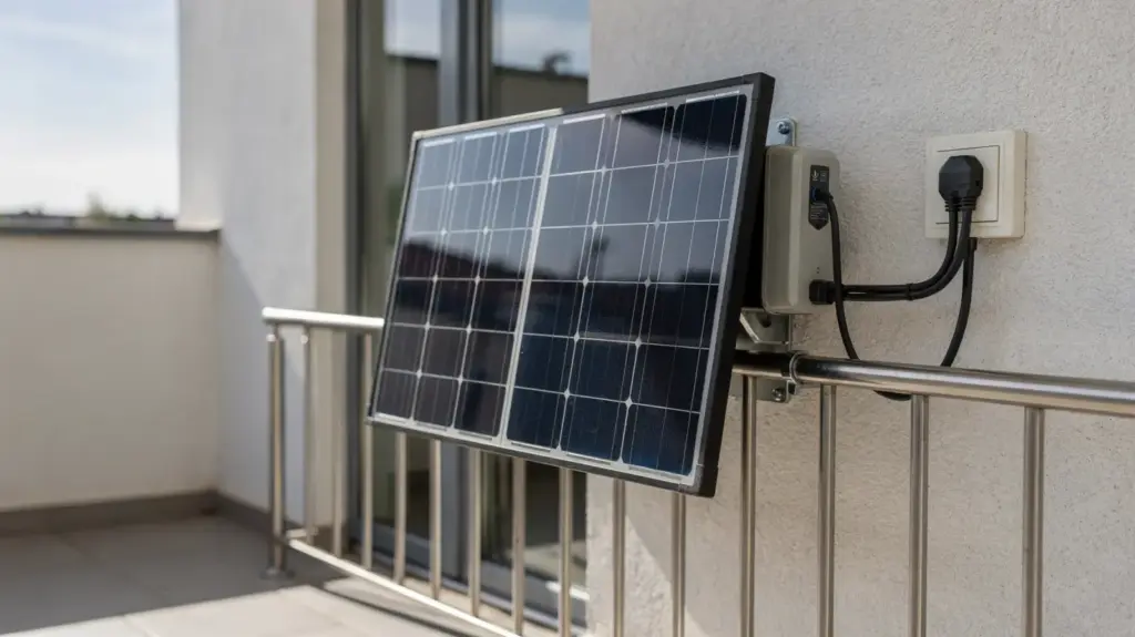 Balkonkraftwerk anschließen: So gelingt der sichere Anschluss an das Hausstromnetz Balkonkraftwerk mit Solarmodulen und Anschluss an das Hausstromnetz auf einem Balkon