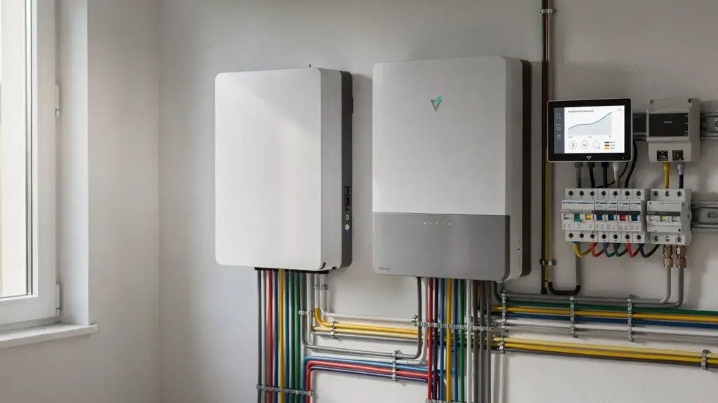 Batteriespeicher: Aufgabe, Nutzen und Grenzen in der PV-Anlage Batteriespeicher in einer PV-Anlage neben Wechselrichter und Kabeln im Technikraum