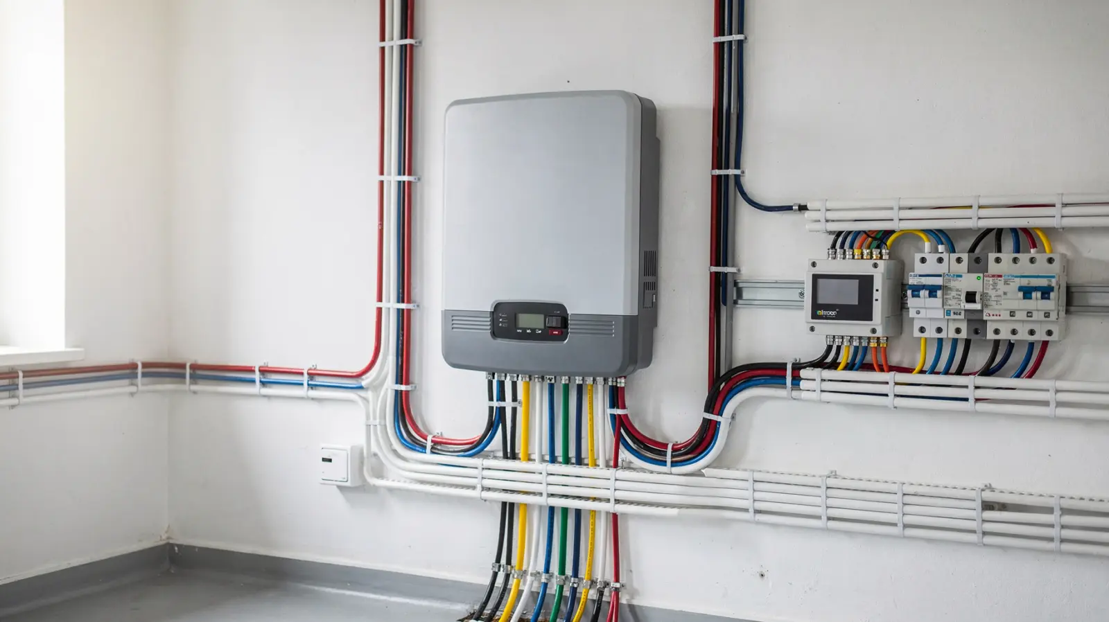 Solarwechselrichter in einem Technikraum neben Komponenten einer Solaranlage.