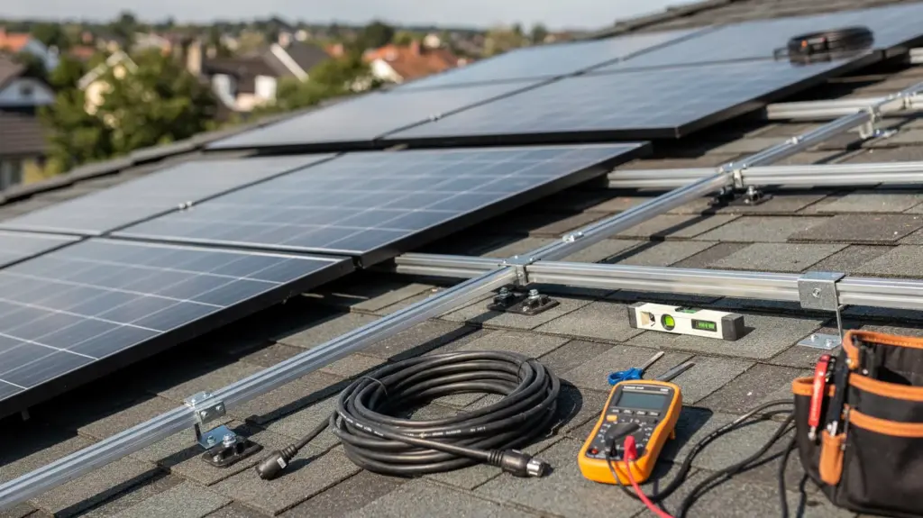 Montierte Solarmodule auf einem Hausdach mit Befestigungssystem und Werkzeugen zur sicheren Ausrichtung
