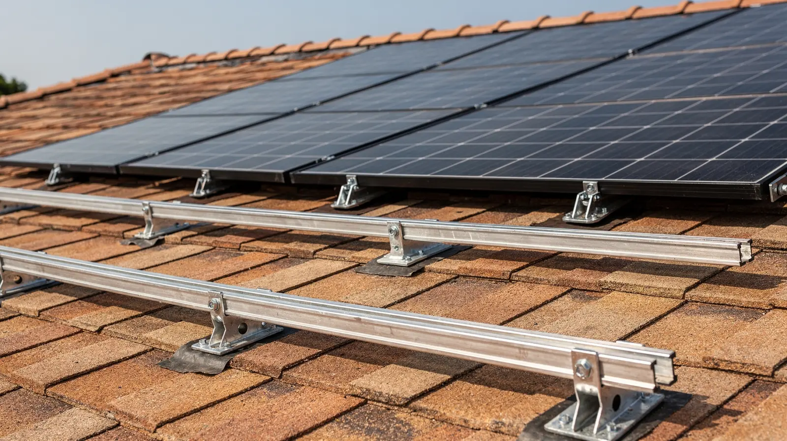 PV-Dachmontage mit Montageschienen, Abdichtung und Solarmodulen auf einem Ziegeldach