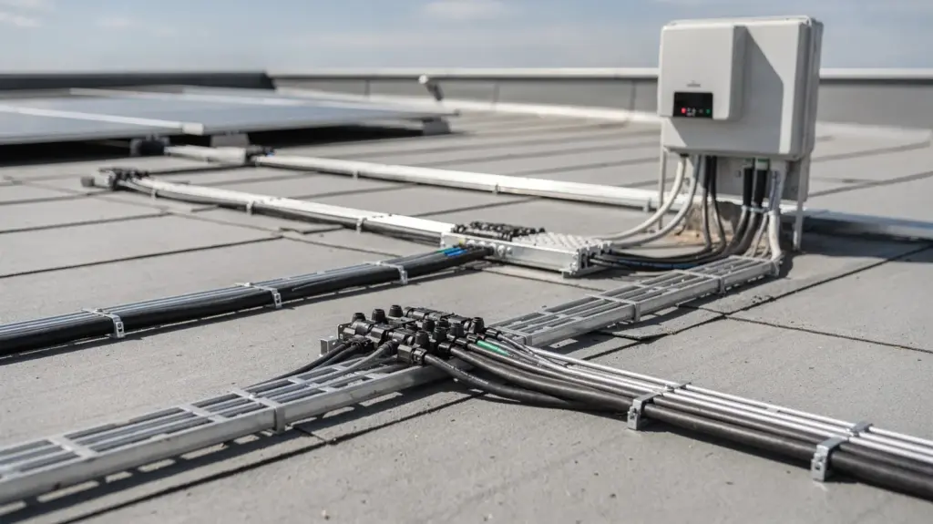 Solaranlage verkabeln: sicher, normgerecht und verlustarm anschließen Solaranlage verkabeln: geordnete PV-Kabel, Stecker und Anschlussbox auf dem Dach