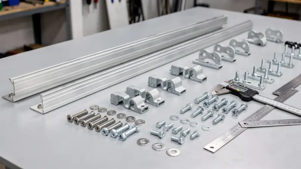 PV-Unterkonstruktion: Aufgaben, Aufbau und DIY-Tauglichkeit PV-Unterkonstruktion mit Aluminiumschienen, Dachhaken und Klemmen auf Werkbank