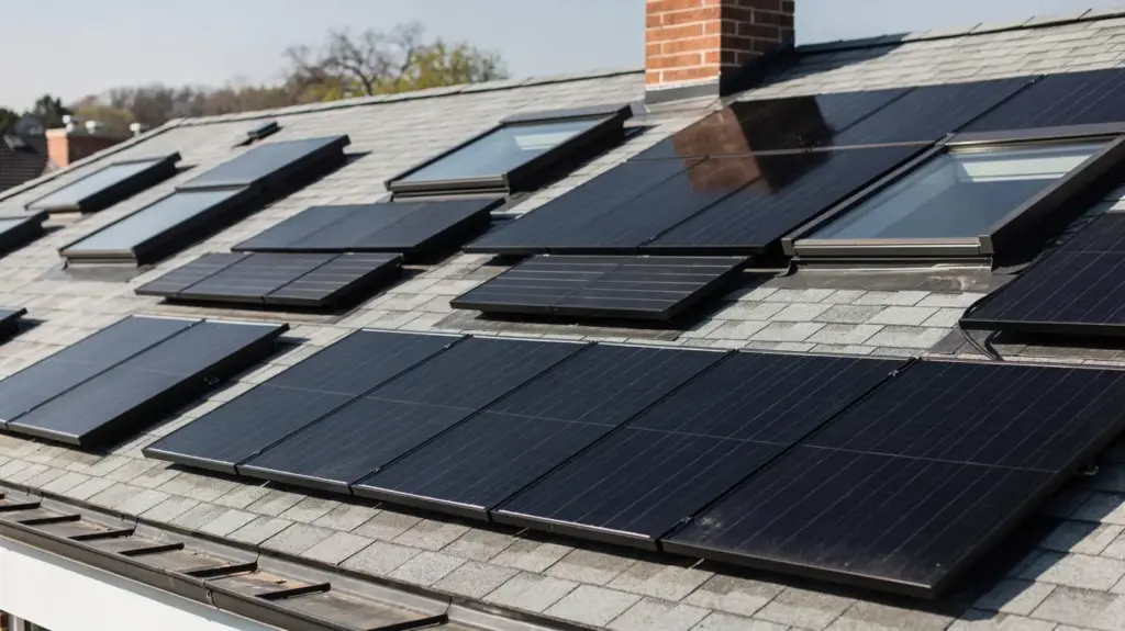 PV-Dachhindernisse planen: Solarmodule auf einem Dach mit Gauben, Fenstern und Schornstein