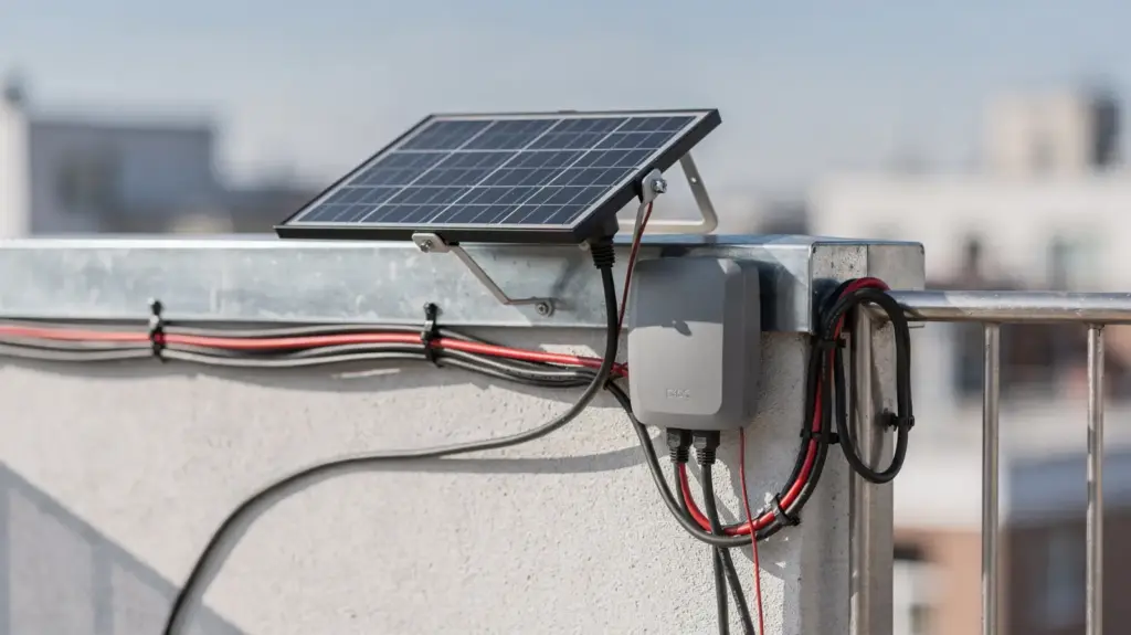 Balkonkraftwerk-Kabel: Welche Kabel brauche ich für Mini-PV? Balkonkraftwerk-Kabel an einer Mini-PV-Anlage auf dem Balkon mit Solarpanel und ordentlich verlegten Leitungen