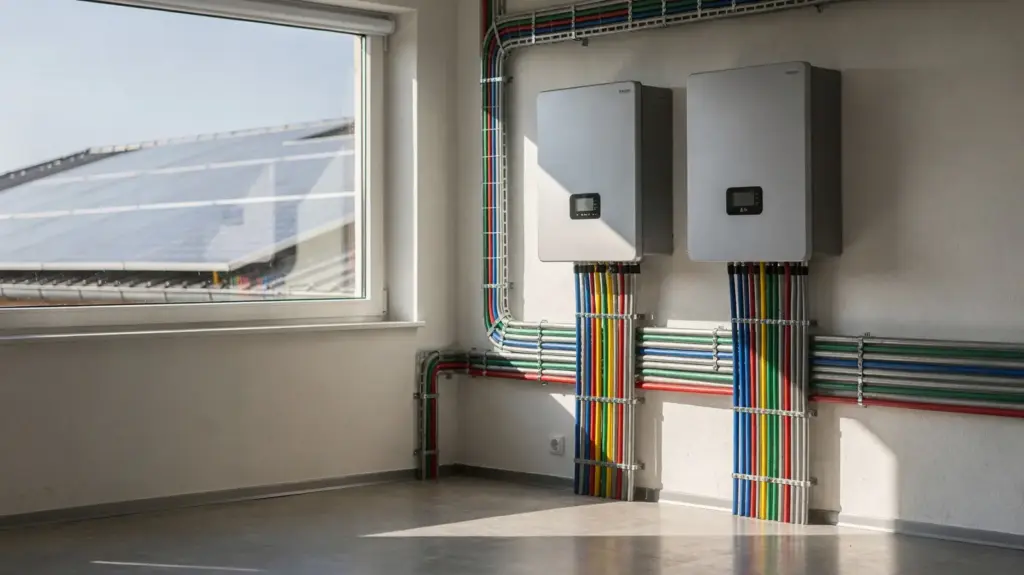 Inselanlage mit Solarmodulen, Wechselrichter und Batteriespeicher für die Notstromversorgung mit Photovoltaik