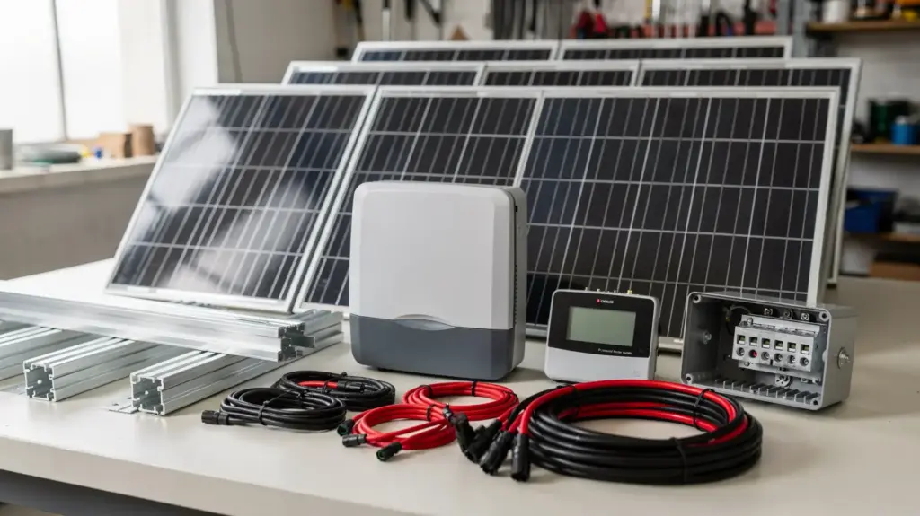 Solaranlage-Komponenten auf einem Arbeitstisch: PV-Module, Wechselrichter, Montageschienen und Kabel für eine PV-Anlage.