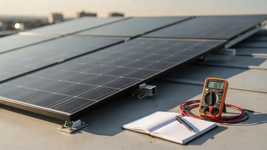Solaranlage Wirkungsgrad: Was er bedeutet und wie Sie ihn bewerten Solaranlage auf dem Dach mit Messgerät zur Bewertung des Wirkungsgrads