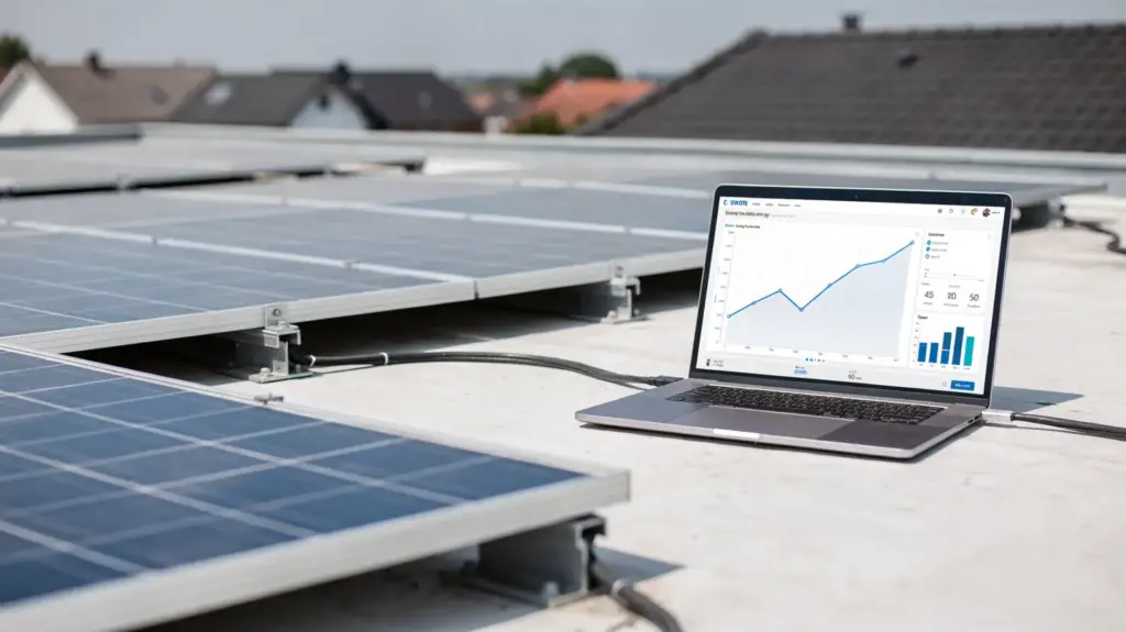 PV-Ertrag berechnen: Formel, Einflussfaktoren und typische Verluste PV-Anlage auf dem Dach mit Laptop zur Berechnung des PV-Ertrags