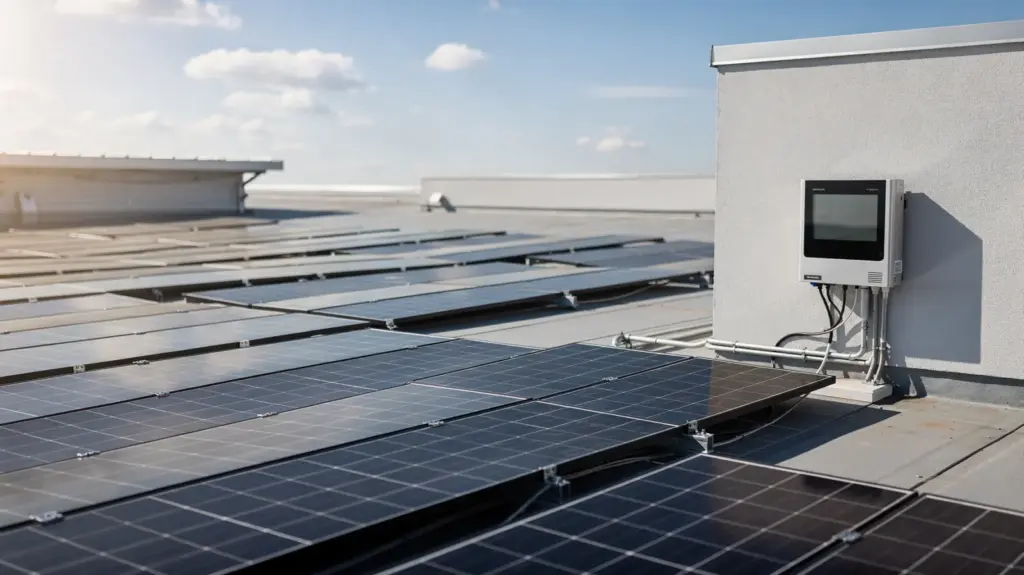 PV-Ertrag-Faktoren: Welche Einflüsse den Solarertrag bestimmen Solarpaneele und Wechselrichter auf einem Dach als Motiv zu PV-Ertrag-Faktoren und Solarertrag