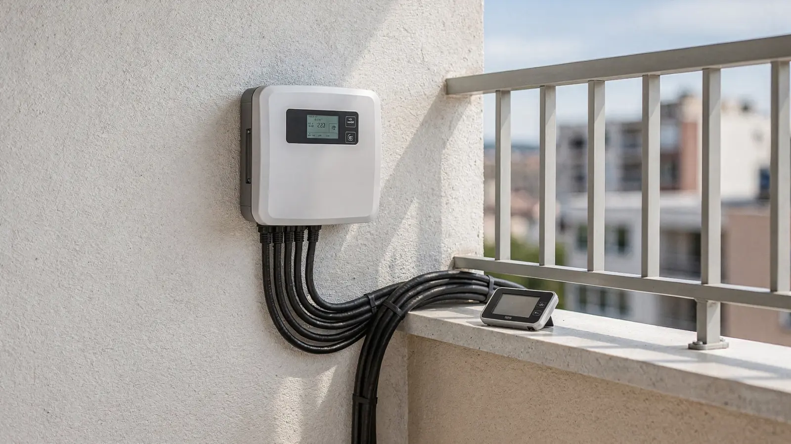 Balkonkraftwerk-Wechselrichter auf einem Balkon mit Kabeln und Monitoring-Gerät