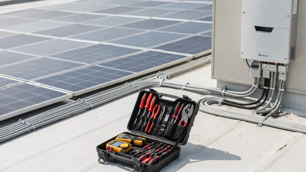 Brauche ich für die PV-Installation einen Elektriker? PV-Installation mit Solarmodulen, Wechselrichter und Elektro-Werkzeug als Thema Elektriker