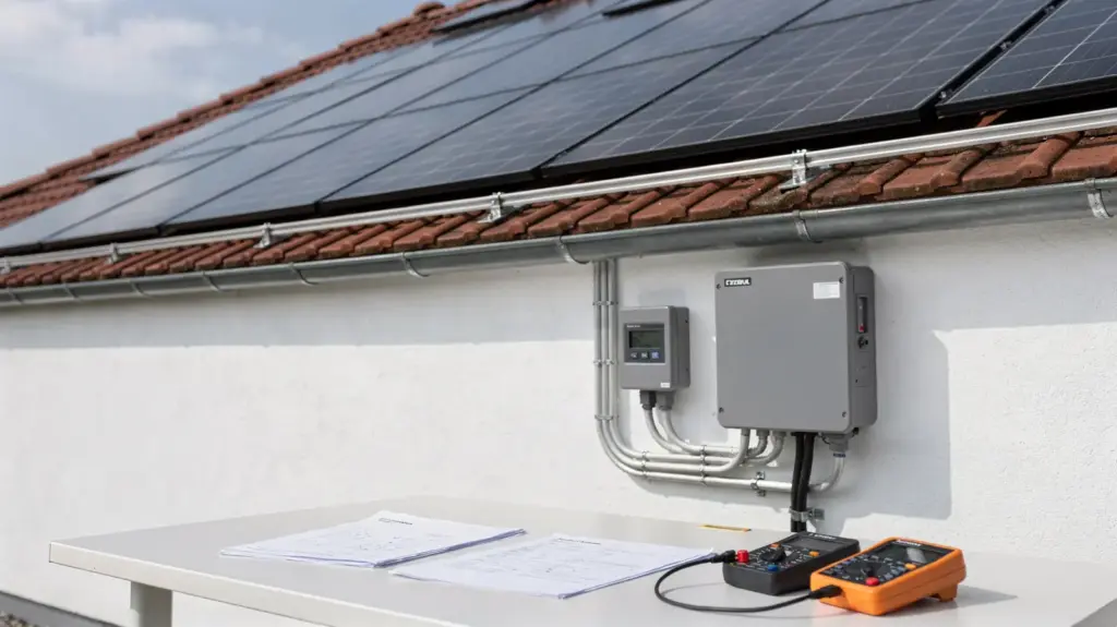 PV-Normen in Deutschland: Welche Regeln private PV-Anlagen wirklich erfüllen müssen Photovoltaikanlage auf deutschem Wohnhaus mit Wechselrichter und Unterlagen zu PV-Normen in Deutschland