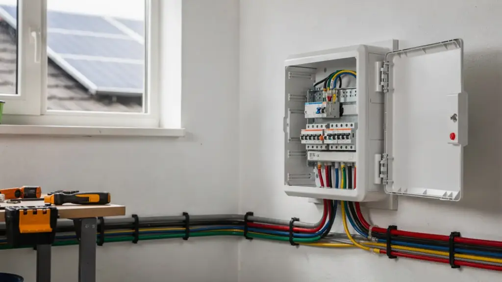 PV-Netzanschluss: So funktioniert der Anschluss einer DIY-PV-Anlage DIY-PV-Anlage mit Solarmodulen, Wechselrichter und Sicherungskasten beim PV-Netzanschluss
