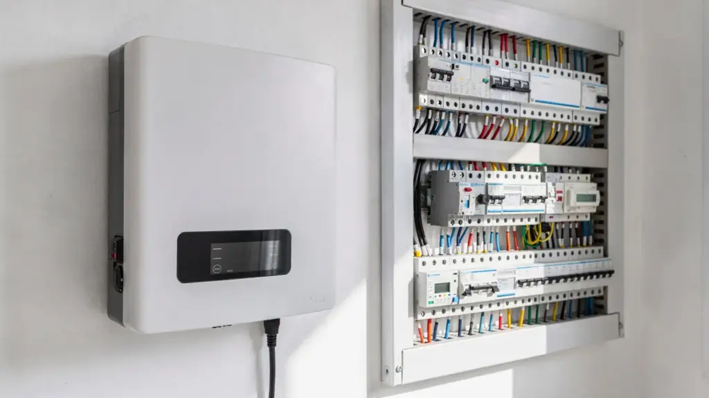 Wechselrichter auswählen: So finden Sie das passende Modell für Ihre PV-Anlage Wechselrichter in einer PV-Anlage mit geordneten Kabeln und Steuerungstechnik