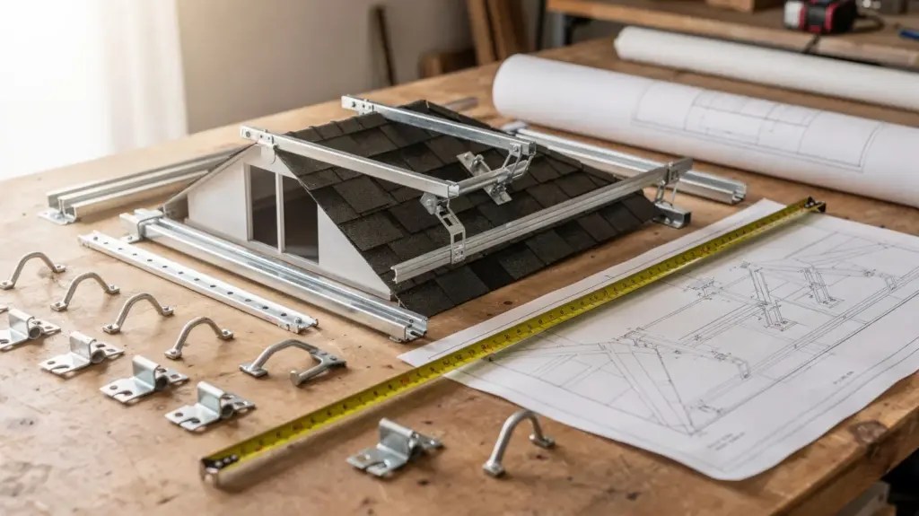 PV-Unterkonstruktion planen: So wählen Sie das passende Montagesystem PV-Unterkonstruktion planen mit Montagesystem, Schienen, Klemmen und technischen Zeichnungen auf dem Arbeitstisch