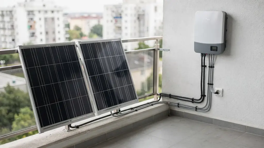 Balkonkraftwerk anmelden: Wo, wie und wann die Anmeldung nötig ist Balkonkraftwerk auf einem Balkon mit Solarmodulen und Wechselrichter für die Anmeldung