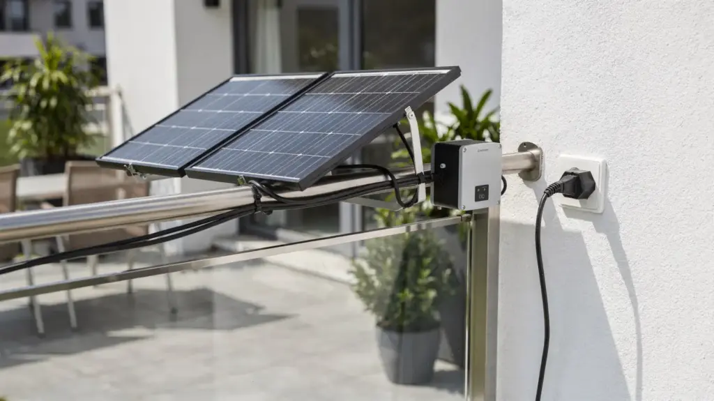 Balkonkraftwerk an der Steckdose: Welche Steckdose ist erlaubt? Balkonkraftwerk an der Steckdose: Balkon mit Solarmodul, Wechselrichter und Außensteckdose