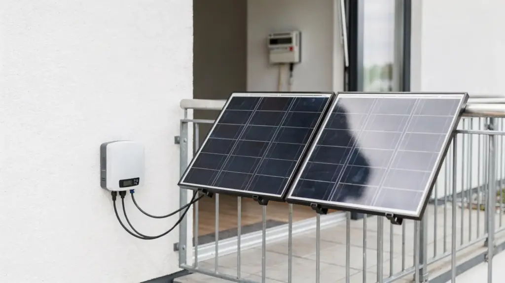 Balkonkraftwerk Leistungsgrenze: Welche Werte in Deutschland gelten Balkonkraftwerk auf einem Wohnungsbalkon mit Solarmodulen und Stromzähler zur Leistungsgrenze in Deutschland
