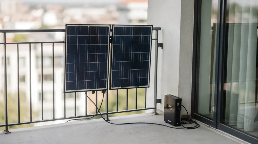 Balkonkraftwerk im Mietverhältnis: Brauche ich die Genehmigung vom Vermieter? Balkonkraftwerk auf einem Mietwohnung-Balkon mit Solarpanels am Geländer und Wechselrichter.
