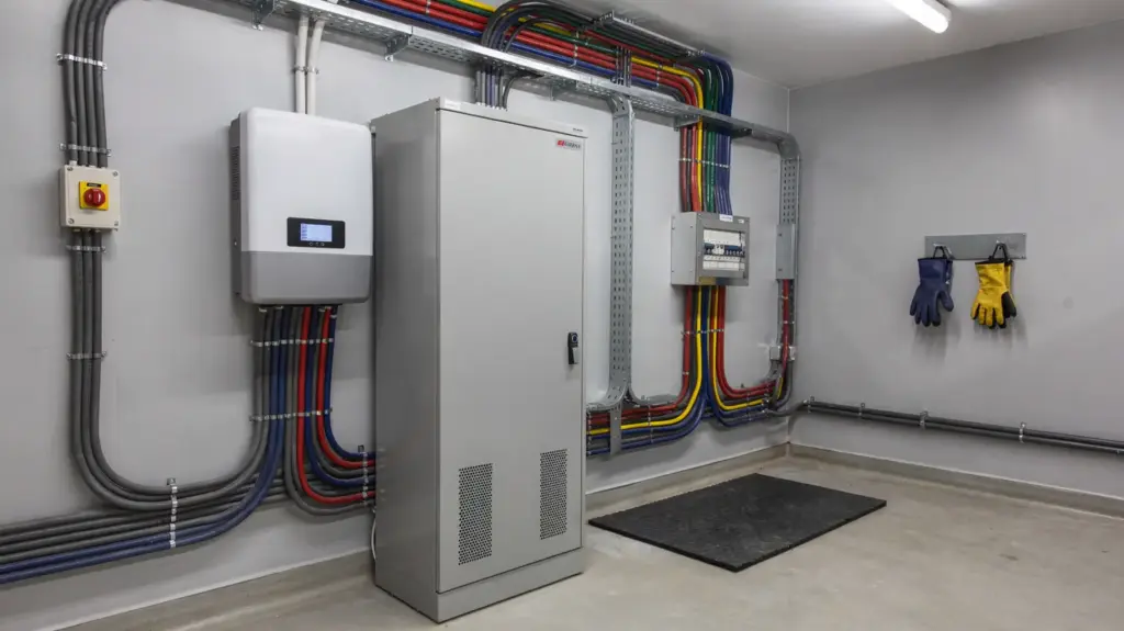 Notstrom-Installation mit Wechselrichter, Batterieschrank und Sicherungskasten zur Fehlererkennung
