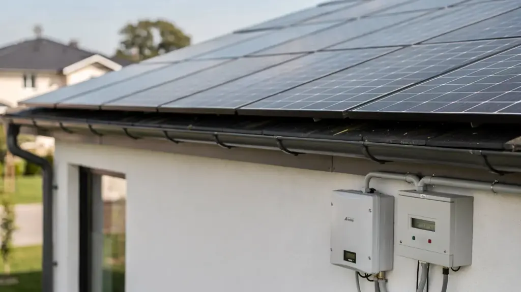 Solaranlage auf einem Hausdach mit Zählerkasten zum Thema Anmeldung einer Photovoltaikanlage