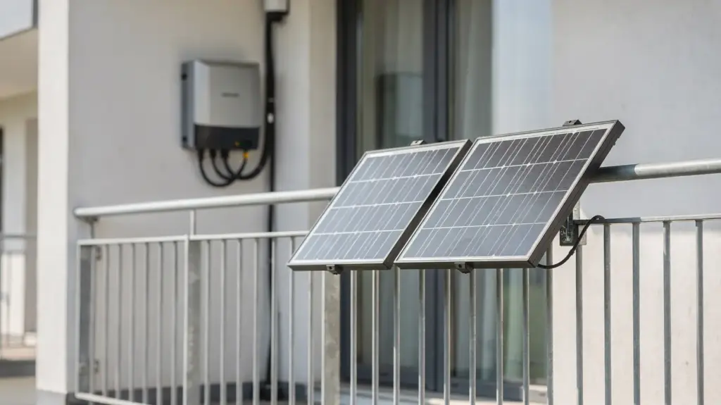Balkonkraftwerk-Ertrag: Wie viel Strom produziert ein Balkonkraftwerk im Jahr? Balkonkraftwerk auf einem Balkon mit Solarmodulen und Wechselrichter zur Stromerzeugung