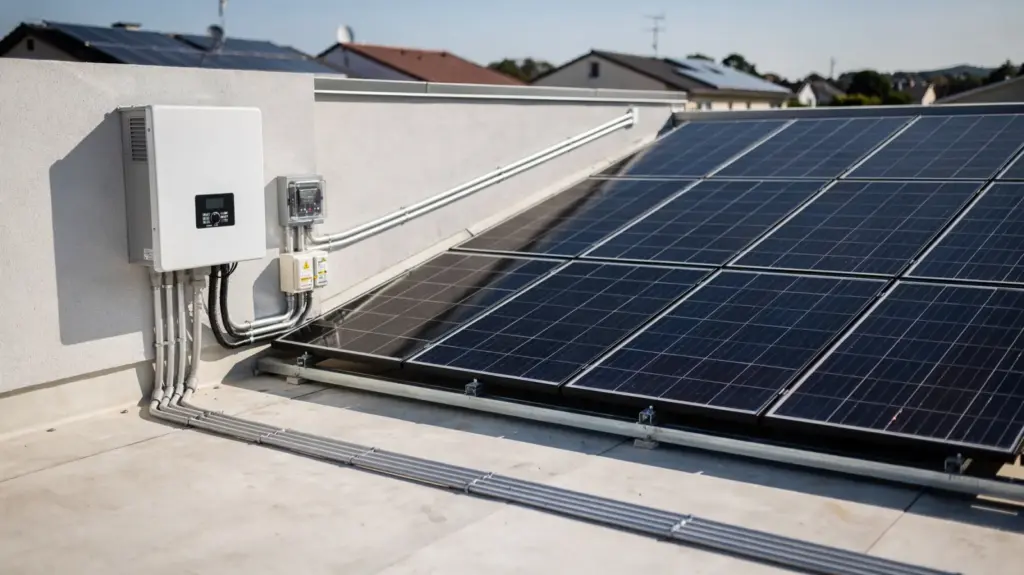 PV-Gleichstrom: Warum Solarzellen Gleichstrom erzeugen und wie daraus Wechselstrom wird Solarzellen und Wechselrichter auf dem Dach zum Thema PV-Gleichstrom und Wechselstrom