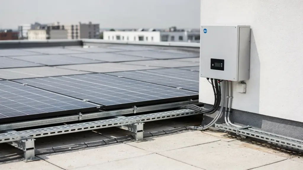 Netzgekoppelte Photovoltaik auf einem Dach mit Solarmodulen, Wechselrichter und Kabeln